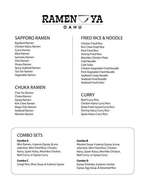 Ramen Ya Pearl City menu in Pearl City, Hawaii, USA