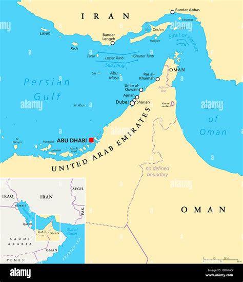 Strait of Hormuz, Abu Musa and the Tunbs political map. Only sea ...