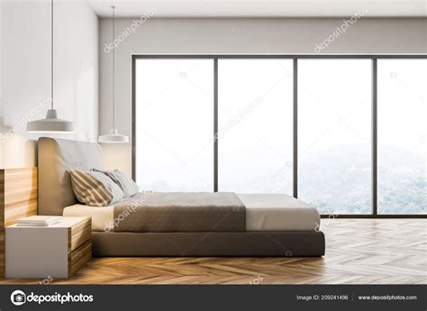 Side View Modern Bedroom White Walls Wooden Floor Double Bed ⬇ Stock Photo, Image by ...