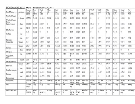 FOOD Analysis Chartday 1 - FOOD ANALYSIS - Day 1 - Date: January 22nd, 2017 Food Name Amount ...