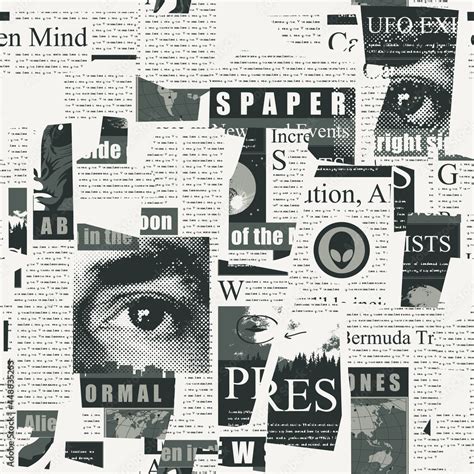 Abstract seamless pattern with a collage of magazine and newspaper clippings. Black and white ...