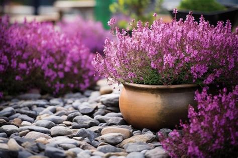 Premium AI Image | purple flowers in a pot on a stone patio