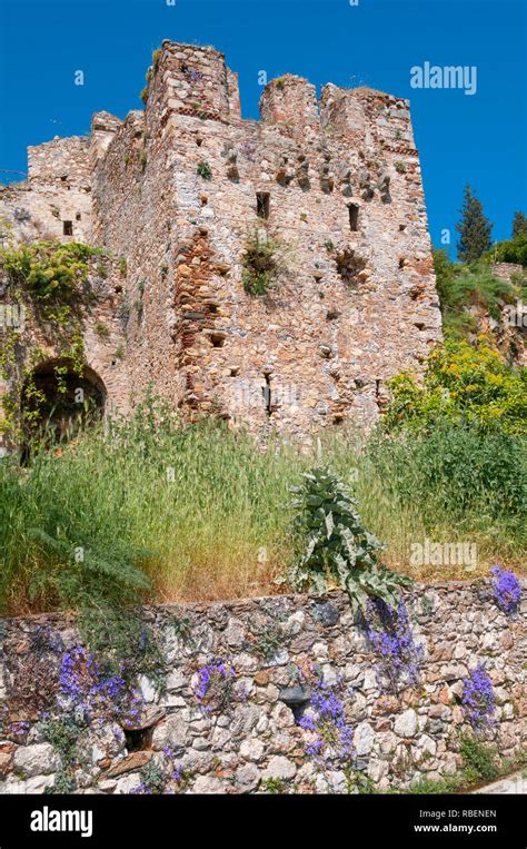 Part of the ancient part of Byzantine fortified hill town of Mystras or Mistras on the slopes of ...