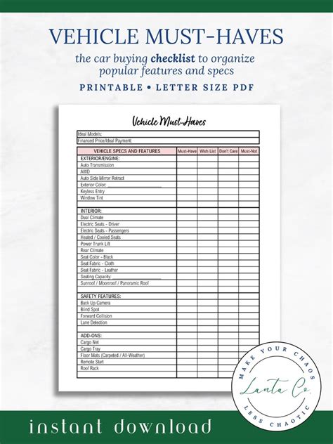 Car Buying Guide Automotive Buying Checklist Vehicle Features Checklist Instant Download PDF - Etsy