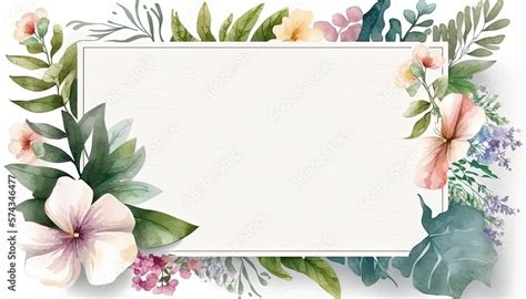 Watercolor Blank greeting card template with beautiful flowers around ...