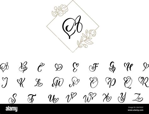 Handwritten heart calligraphy monogram alphabet. Valentine Cursive font with flourishes heart ...