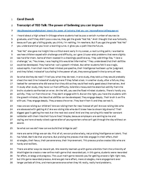 Carol Dweck Ted Talk - Transcript of TED Talk - 1 Carol Dweck 2 Transcript of TED Talk: The ...