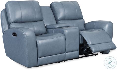 Cambria Blue Leather Bel Air Dual Power Reclining Console Loveseat ...