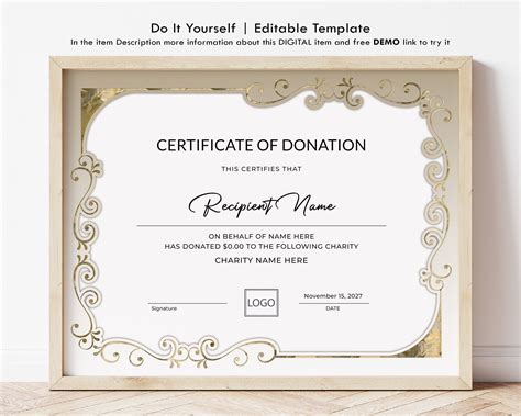 Editable Certificate of Donation Template, Printable Charity Donation Certificate Template ...