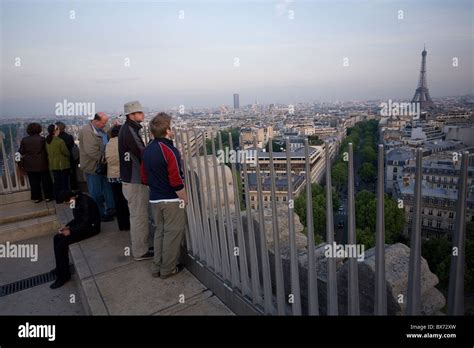 view from the top of the arc de triomphe with the eiffel tower in the distance Stock Photo - Alamy