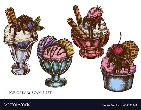 Set hand drawn colored ice cream bowls Royalty Free Vector