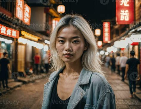 photo of beautiful young girl in china local street market at night, generative AI 34920497 ...