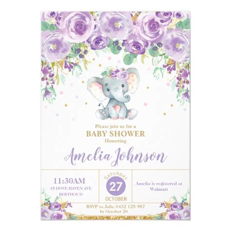 Cute Purple Floral Elephant Baby Shower Baby Girl Invitation | Zazzle.com