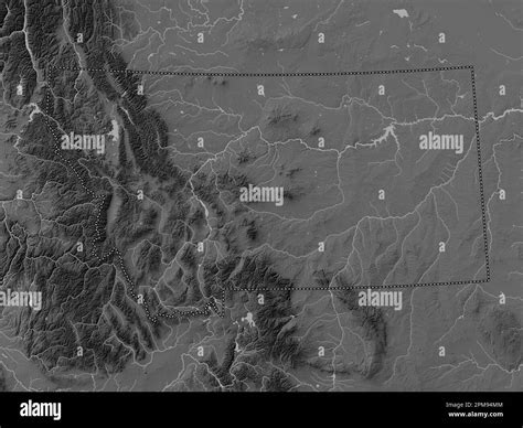 Montana, state of United States of America. Grayscale elevation map with lakes and rivers Stock ...