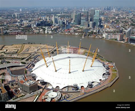 aerial view of the O2 Arena, Millennium Dome, London with Canary Wharf ...