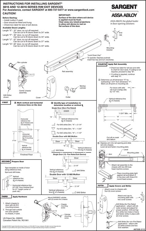 Sargent 8800 & 12 Series Rim Exit Devices (16/28/63/66 Functions) Installation Instructions A6703G