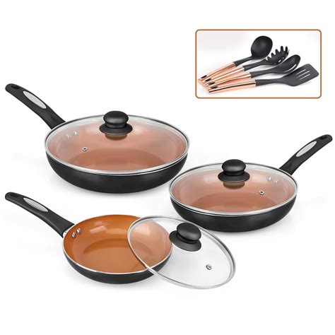 FGY 10 Pcs Nonstick Ceramic Coated Frying Pan Set- 8", 9.5" & 11" Fry Pans w/ Lid & 4 Pcs ...