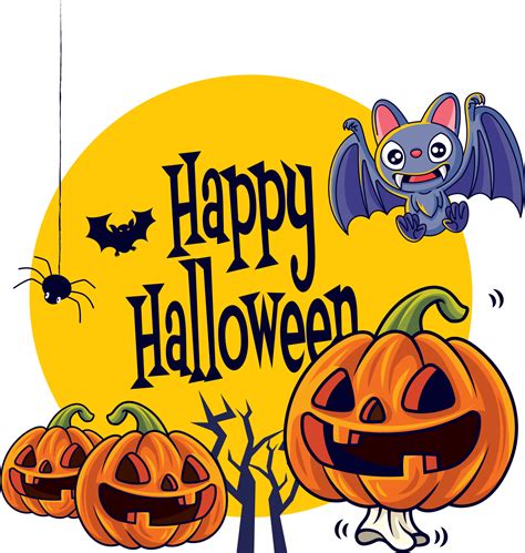 Happy Halloween. Cartoon cute Jack O Lantern orange pumpkin and bat characters with big greeting ...