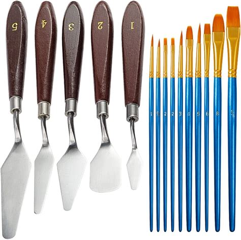 5 Pcs Palette Knives Set with 10 Pcs Painting Brushes, FineGood Stainless Steel Spatula Oil ...