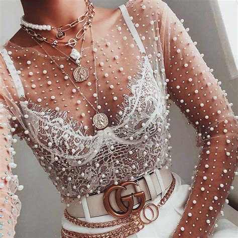 Luxury Pearls And Rhinestone Studded Embellished Mesh Shirts – sunifty