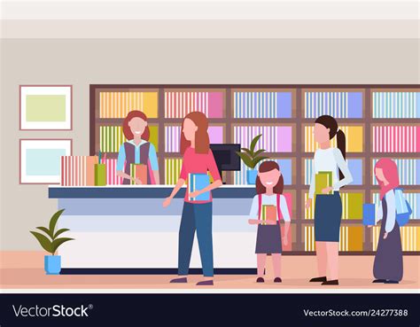 People in line queue borrowing books from Vector Image