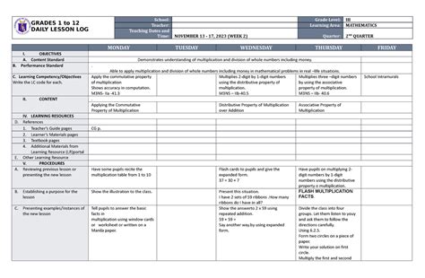 DLL Mathematics 3 Q2 W2 - DLL GRADE 3 - GRADES 1 to 12 DAILY LESSON LOG School: Grade Level: III ...