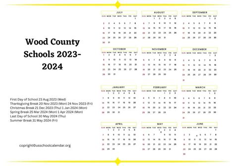 Wood County Schools Calendar with Holidays 2023-2024