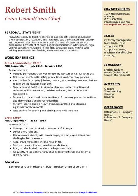 Crew Chief Resume Samples | QwikResume