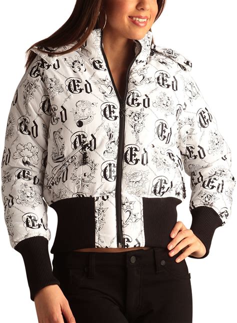 Ed Hardy White/Black Womens Logo Puffer Jacket -White | eBay