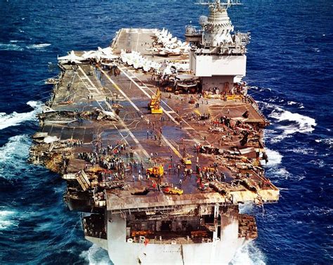 USS Enterprise. The aftermath of the disaster on January 14, 1969, seen soon after the fire was ...