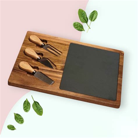 Acacia Wood and Slate Serving Platter with Tools - Custom Crafted Engraving