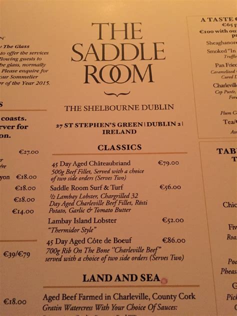 Menu at The Saddle Room restaurant, Dublin