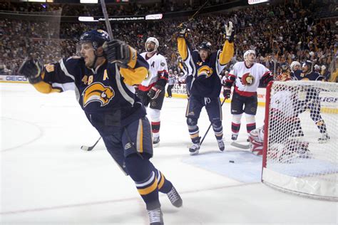 Buffalo Sabres co-captain Daniel Briere celebrates scoring the game ...