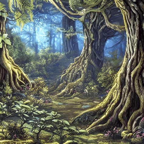 Fantasy Woodland Background with Ferns and Gnarled Tree · Creative Fabrica