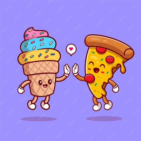 Free Vector | Cute ice cream cone high five with pizza cartoon vector ...