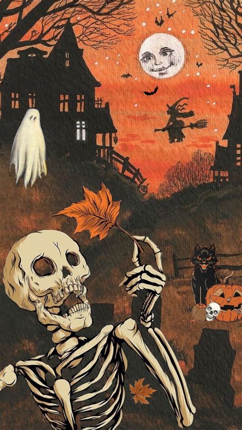 a painting of a skeleton holding a leaf in front of a house with bats ...