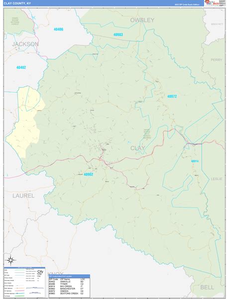 Clay County, KY Zip Code Wall Map Basic Style by MarketMAPS - MapSales