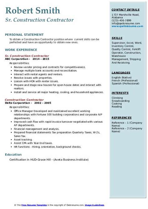 Construction Contractor Resume Samples | QwikResume