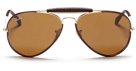 Ray-Ban 'outdoorsman Craft' Leather Wrap Metal Aviator Sunglasses in Metallic | Lyst