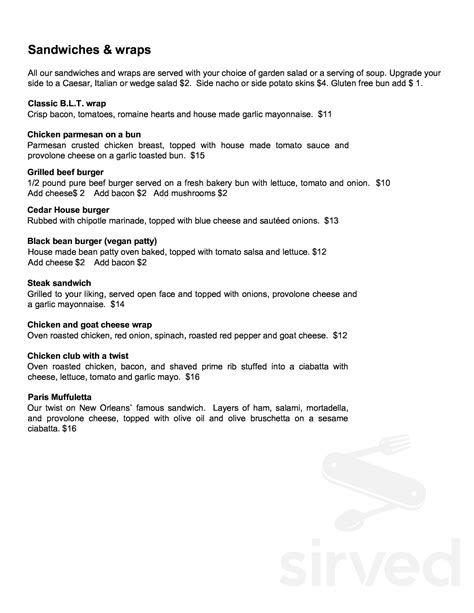 The Cedar House Grill and Martini Bar menu in Paris, Ontario, Canada