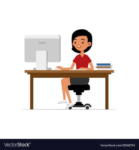 Cute young girl sitting at desk and working Vector Image