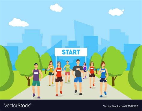 Cartoon marathon runners on track in park card Vector Image