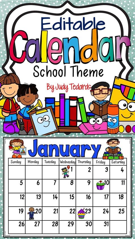 Editable Monthly Calendar (School Theme) | School calendar, School ...