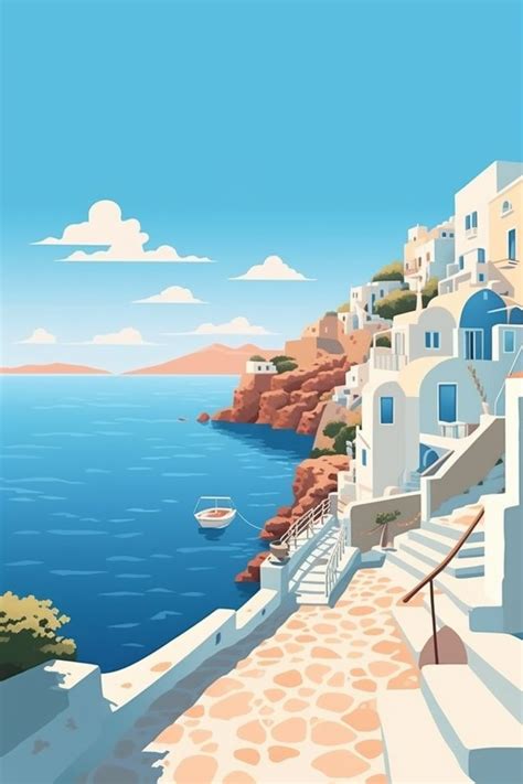 "Santorini landscape illustration in colorful style " Poster for Sale by Minimal-Blue | Greece ...