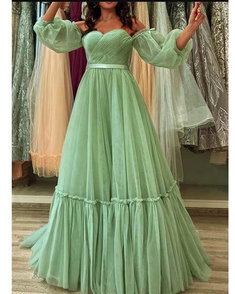 Light Green Long Sleeves tulle Prom Formal Dress for Women PL2923 – Siaoryne