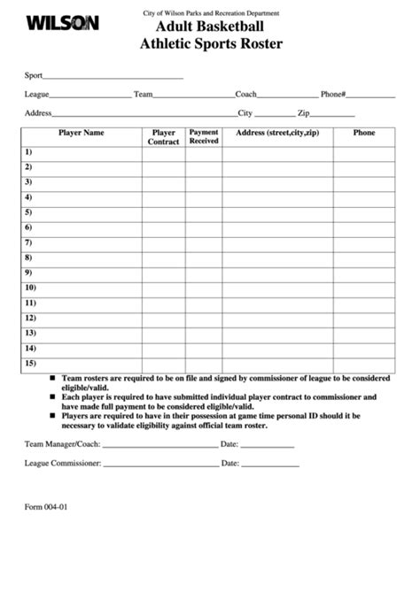 Printable Basketball Roster Template