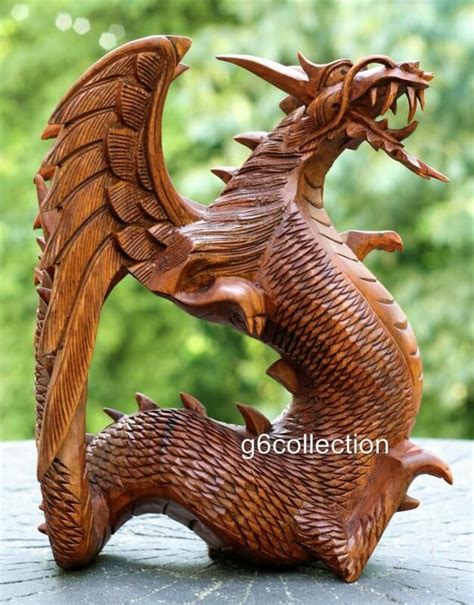 Sculpture: 8.5 Hand Carved Wooden Dragon Statue Sculpture Figurine Wood ...