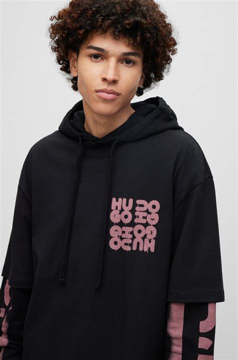 HUGO - Cotton-terry layered-effect hoodie with graffiti-style logos