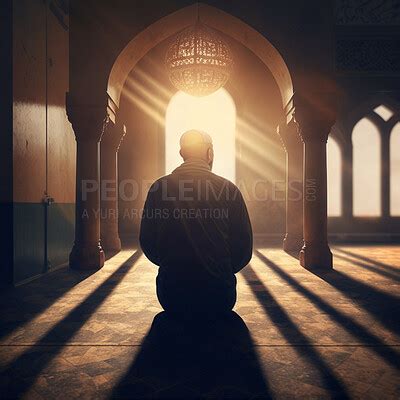 Prayer, islam and worship with man in mosque for god, holy quran and spirituality. Praying, ai ...