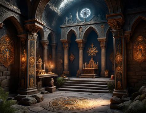 hidden templar lair with altar and stonemason symbols, intricate motifs ...